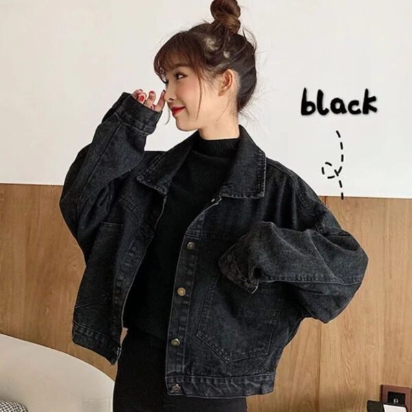 Women's Black Cropped Denim Jacket - Korean Streetwear with Pockets - Image 2