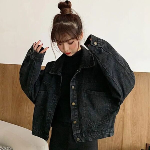 Women's Black Cropped Denim Jacket - Korean Streetwear with Pockets - Image 5