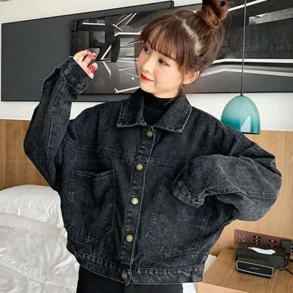 Women's Black Cropped Denim Jacket - Korean Streetwear with Pockets - Image 3