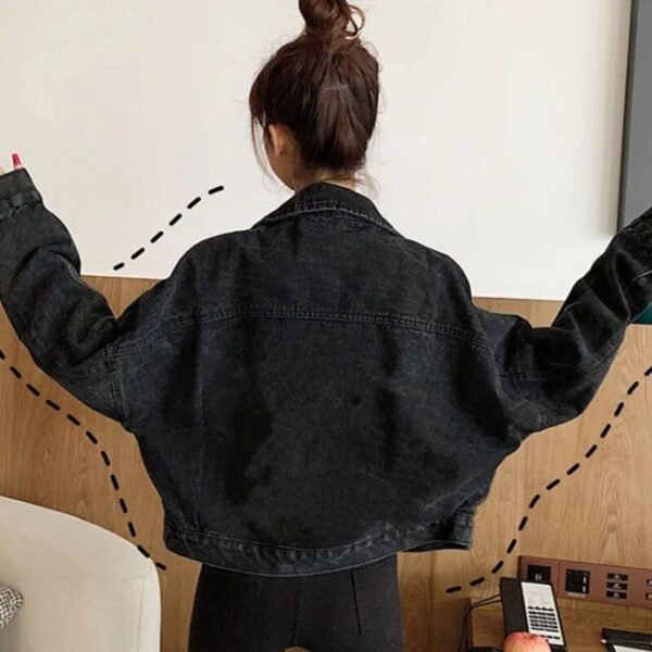 Women's Black Cropped Denim Jacket - Korean Streetwear with Pockets - Image 6