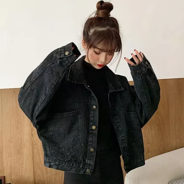 Women's Black Cropped Denim Jacket - Korean Streetwear with Pockets