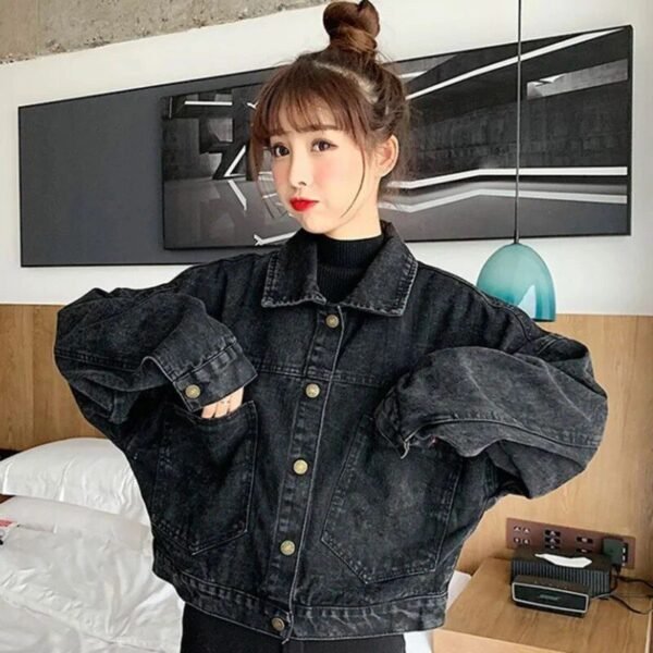 Women's Black Cropped Denim Jacket - Korean Streetwear with Pockets - Image 4